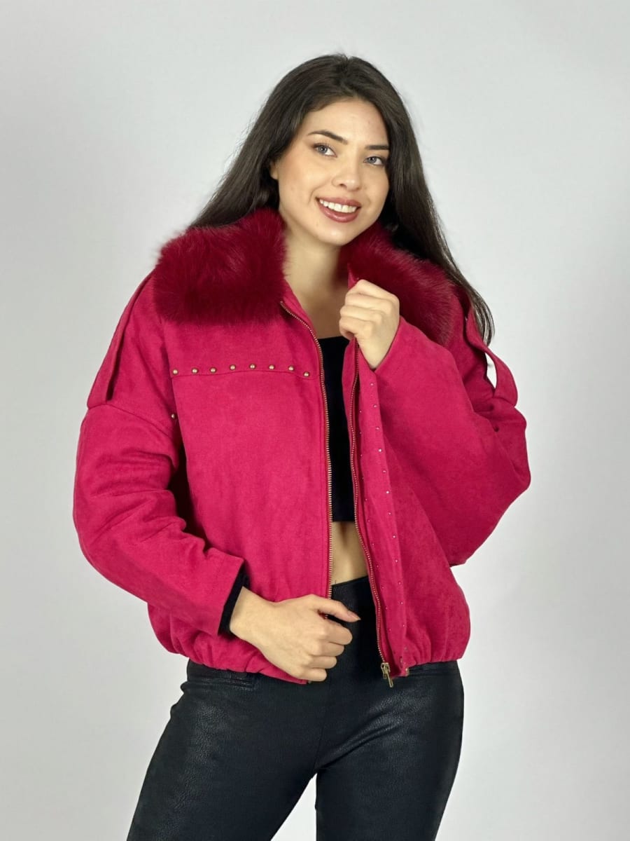 Chaqueta Corta Gamuza Holgada Tachas y Cuello Peludo B3-144/1475
