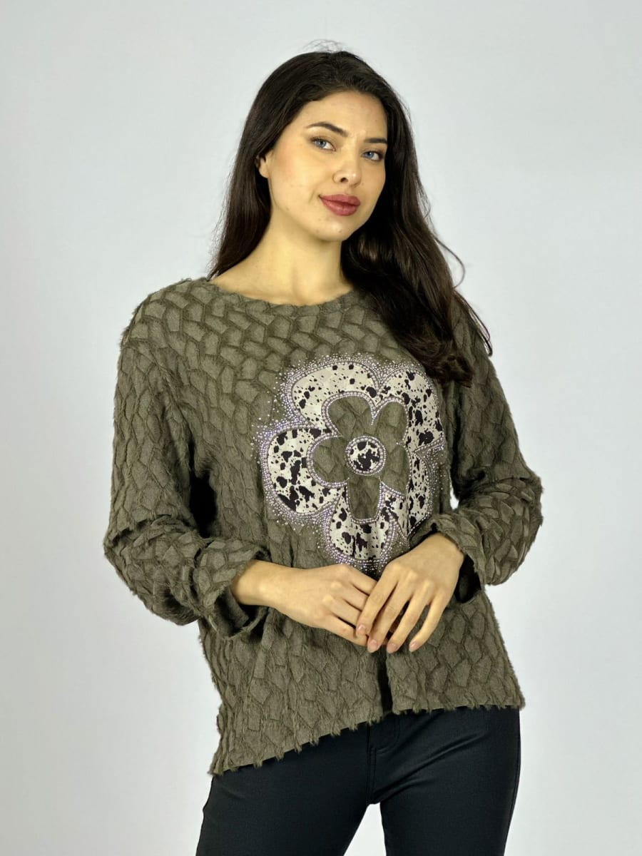 Polera Peludita Flor Perlada con Brillos A1-912
