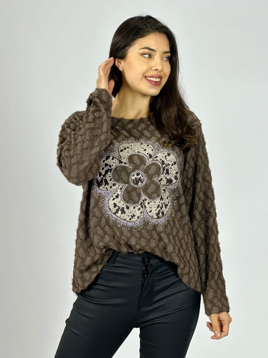 Polera Peludita Flor Perlada con Brillos A1-95