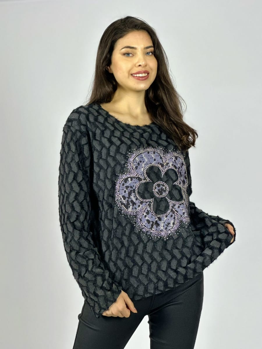 Polera Peludita Flor Perlada con Brillos A1-92