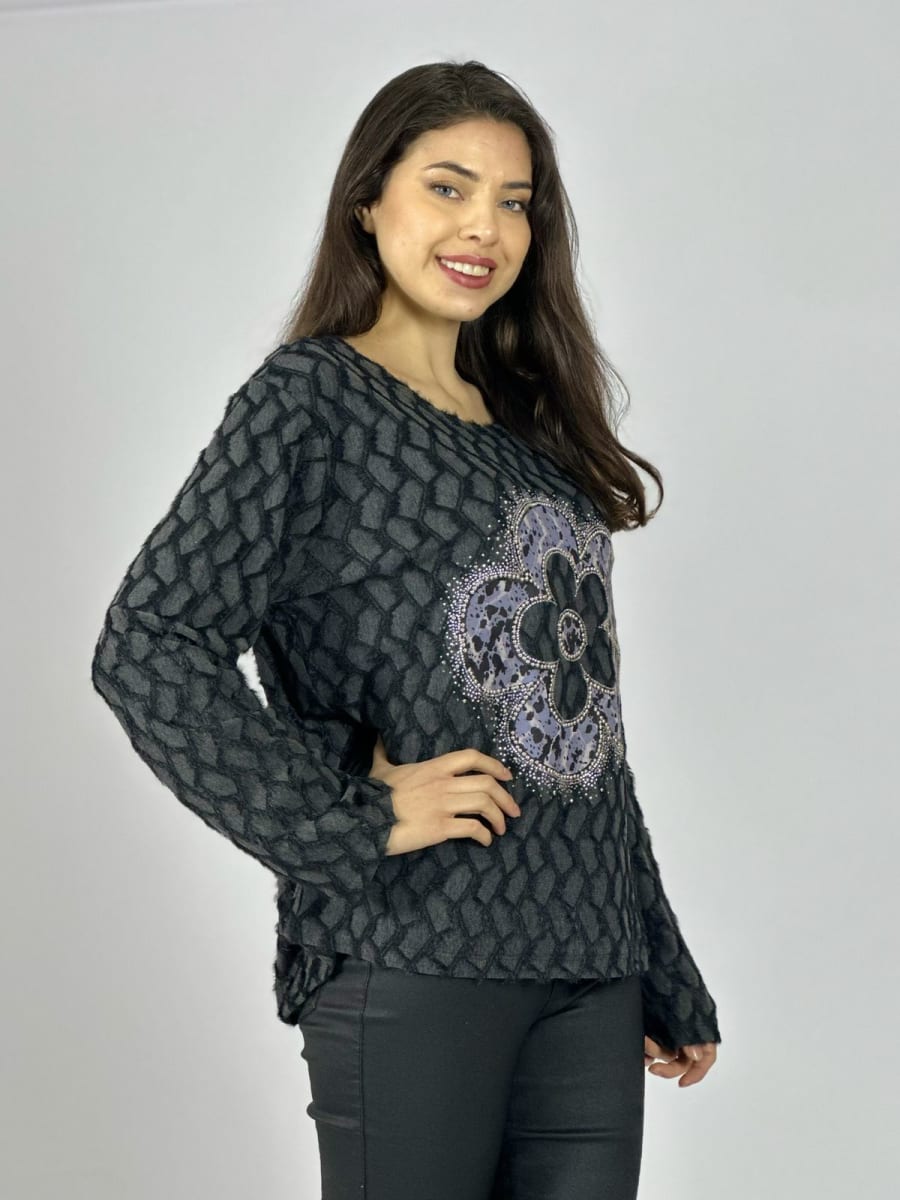 Polera Peludita Flor Perlada con Brillos A1-93