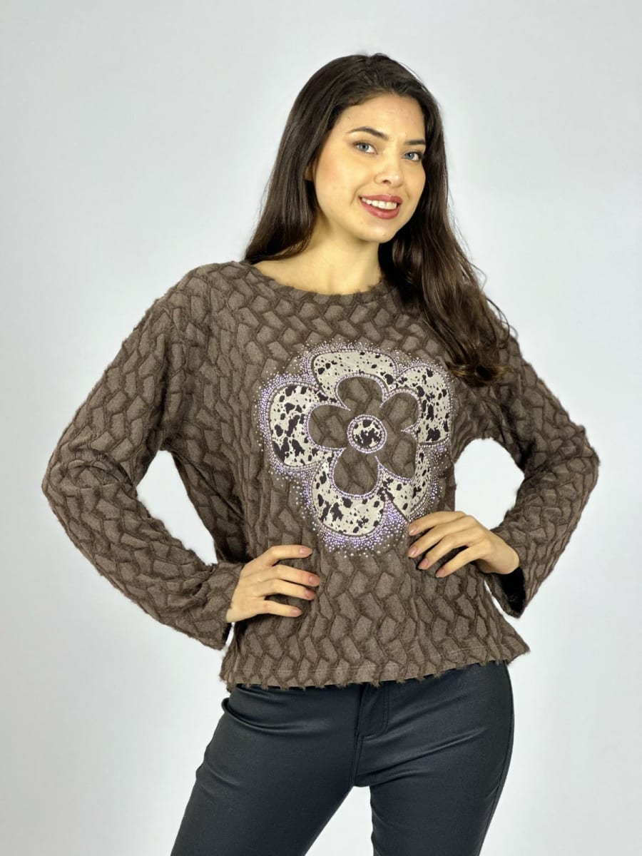 Polera Peludita Flor Perlada con Brillos A1-96