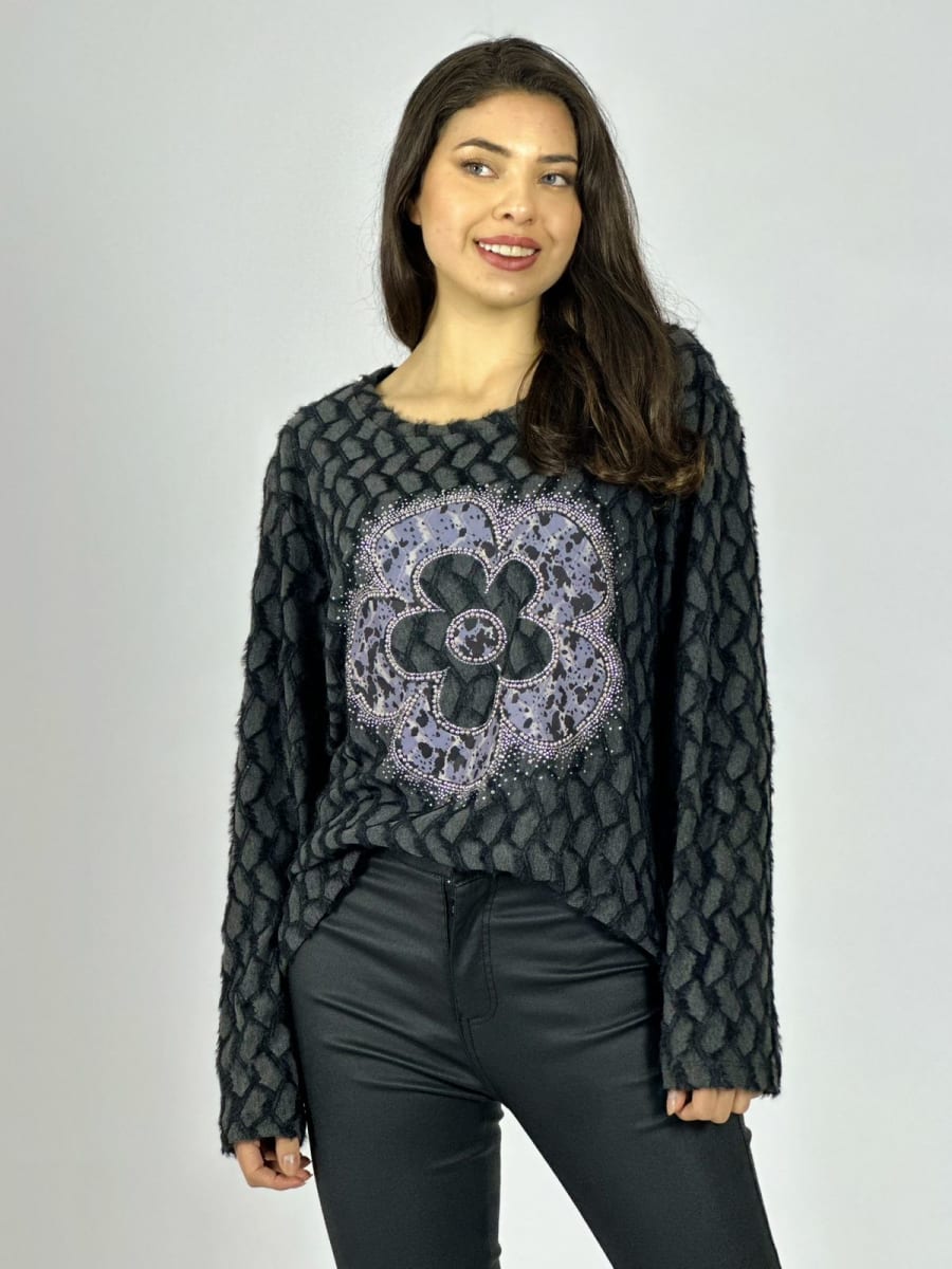 Polera Peludita Flor Perlada con Brillos A1-91