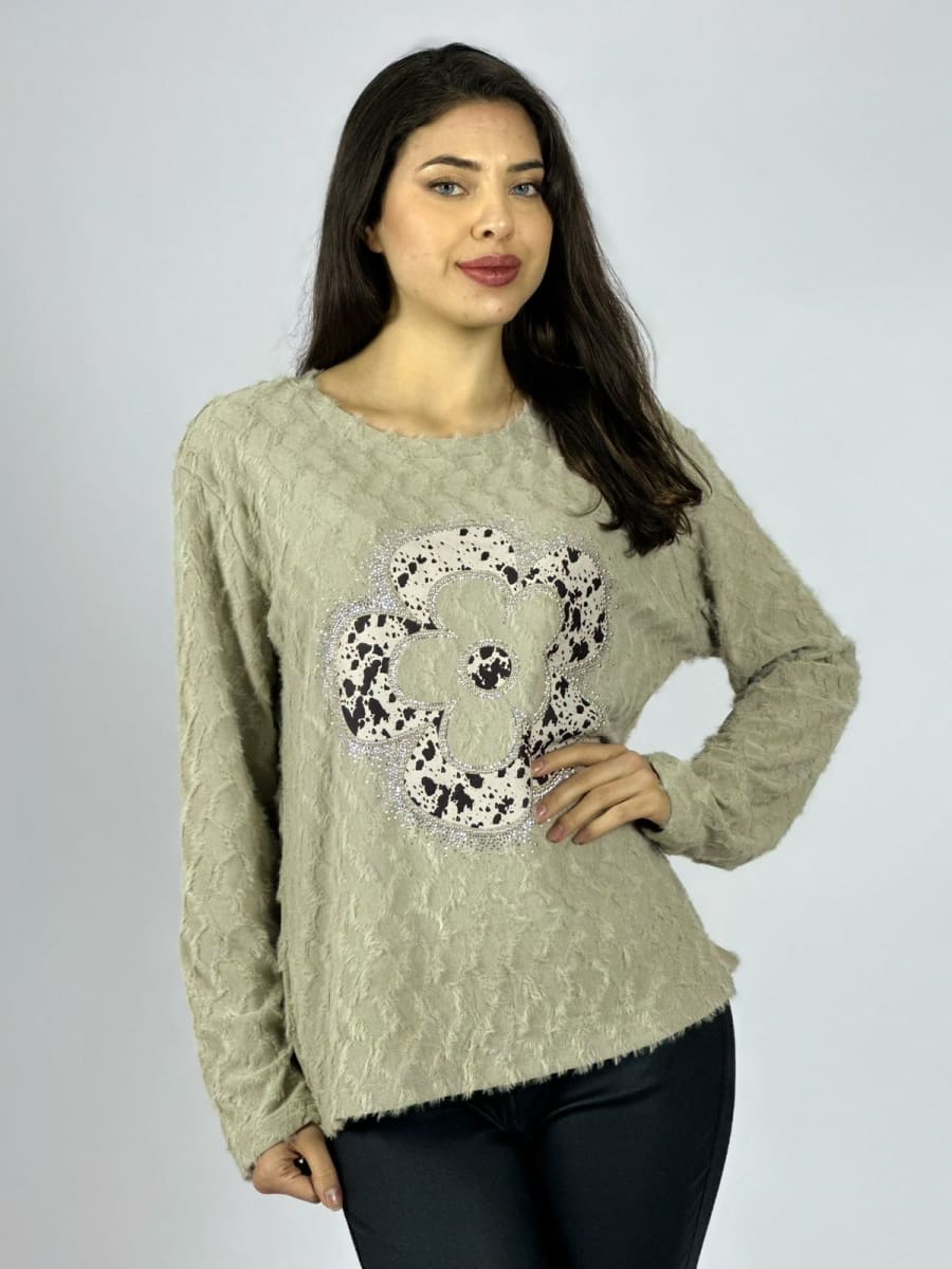Polera Peludita Flor Perlada con Brillos A1-98