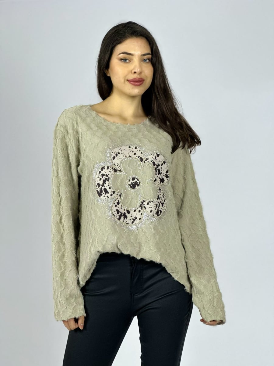 Polera Peludita Flor Perlada con Brillos A1-99