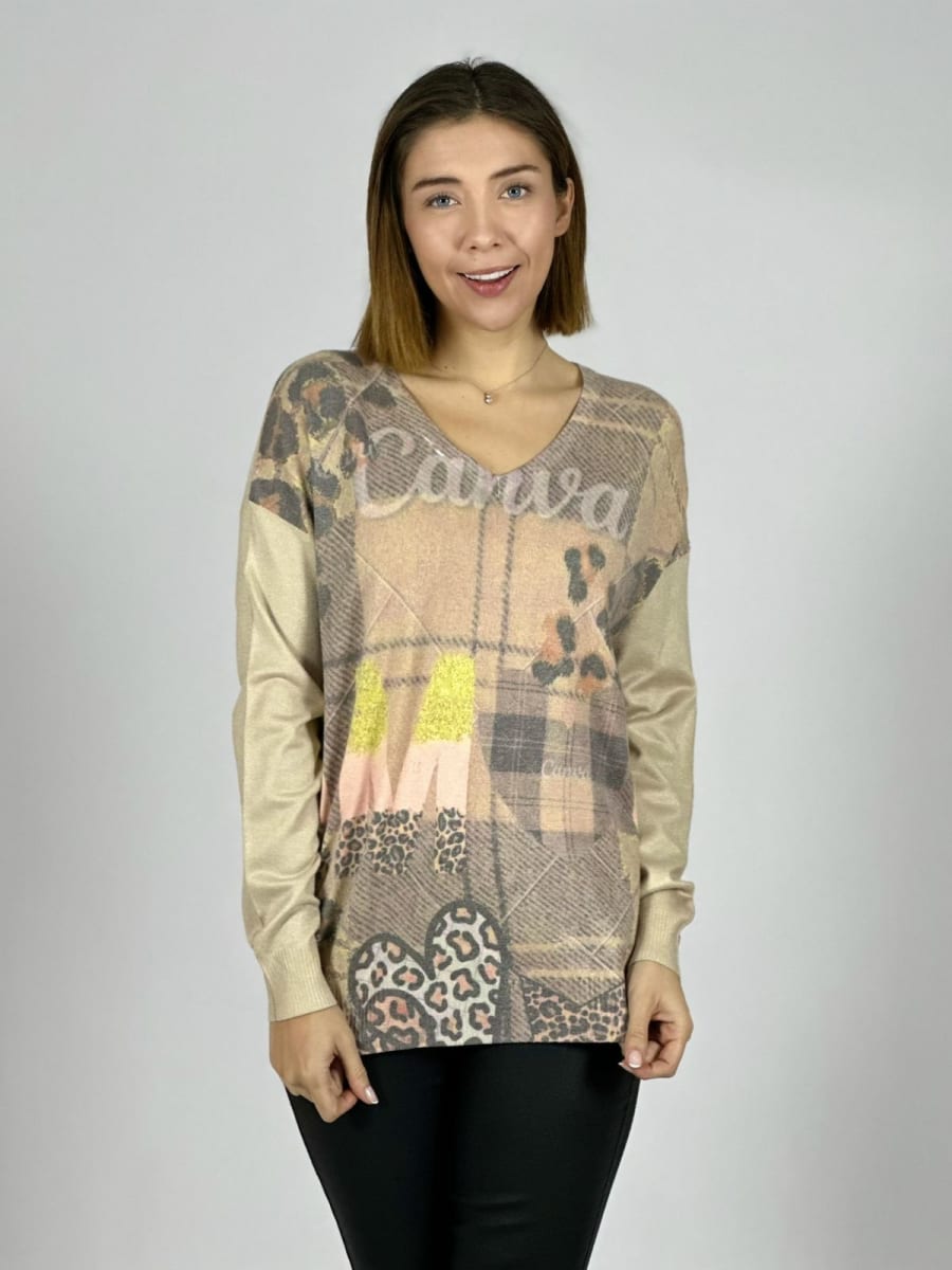 Spandex Cuello V Canva/Leopard B3-1479