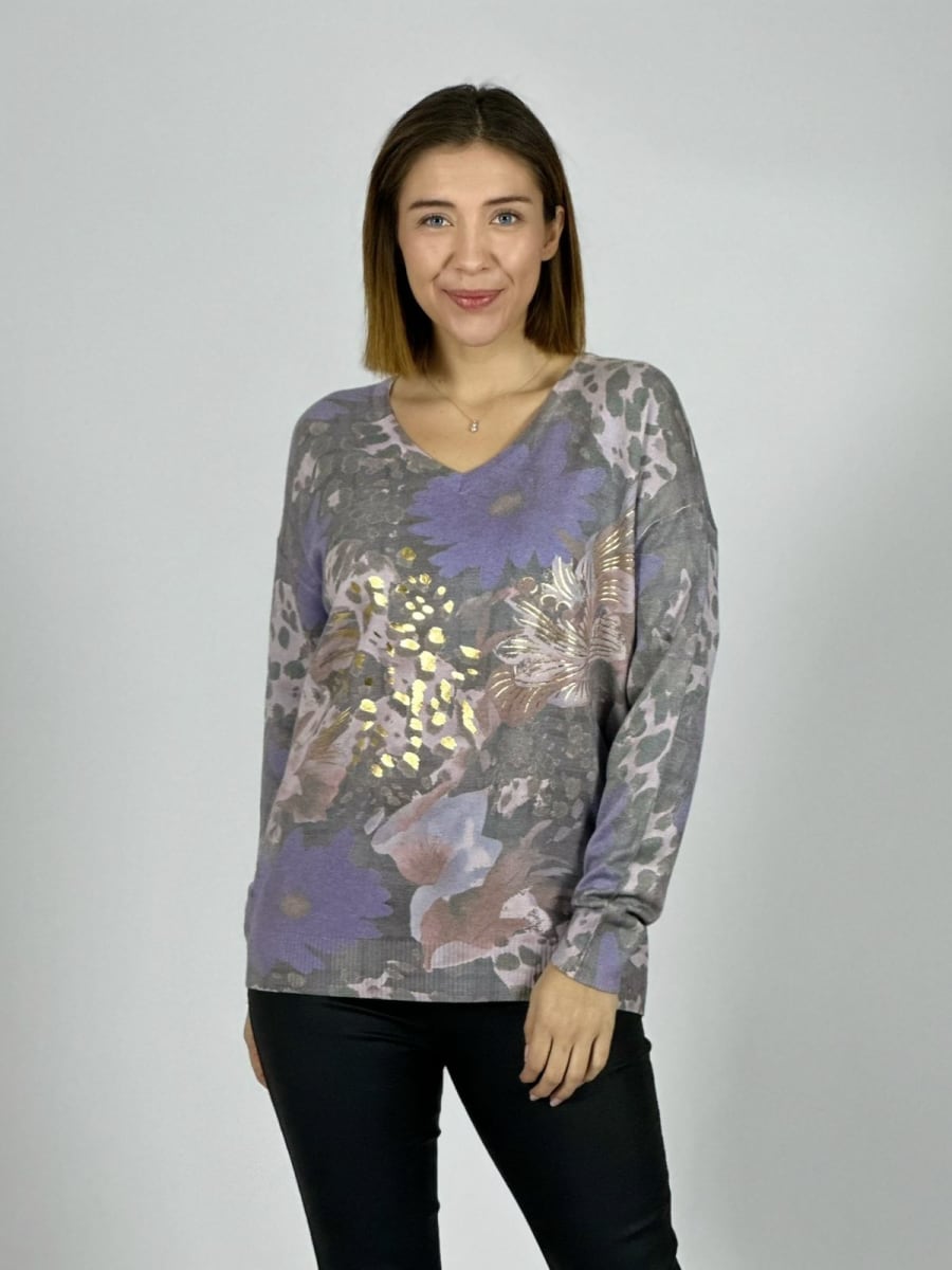 Sweater Cuello V Flor/Print B4-167/1694