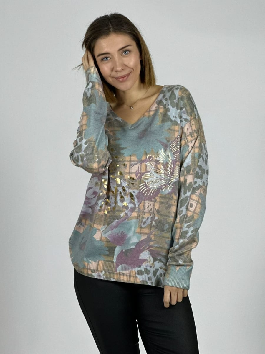 Sweater Cuello V Flor/Print B4-167/1697