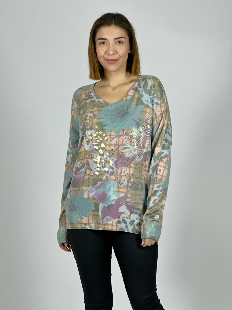 Sweater Cuello V Flor/Print B4-167/1699
