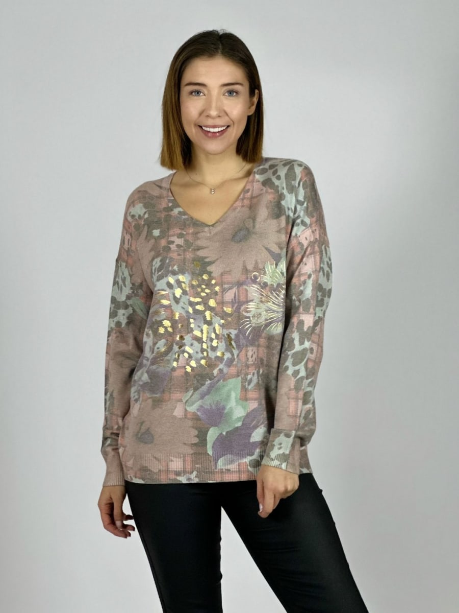 Sweater Cuello V Flor/Print B4-167/1691