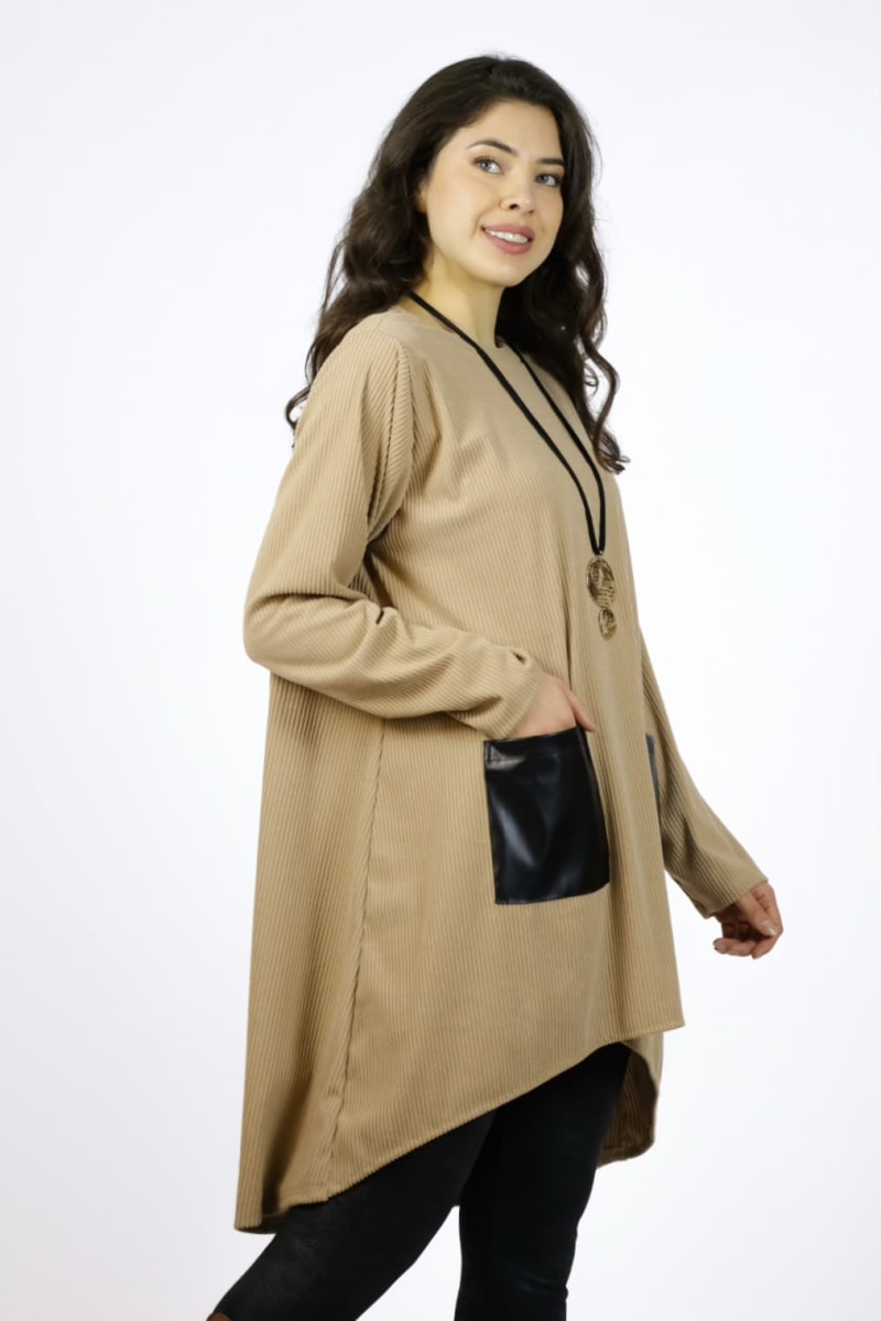 Polera Larga Bolsillos Cuerina A3-702