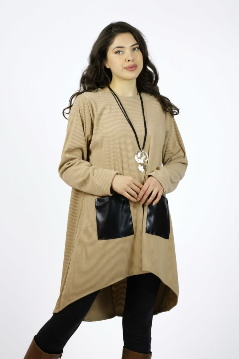 Polera Larga Bolsillos Cuerina A3-701