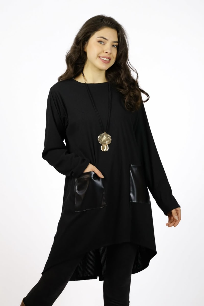 Polera Larga Bolsillos Cuerina A3-704