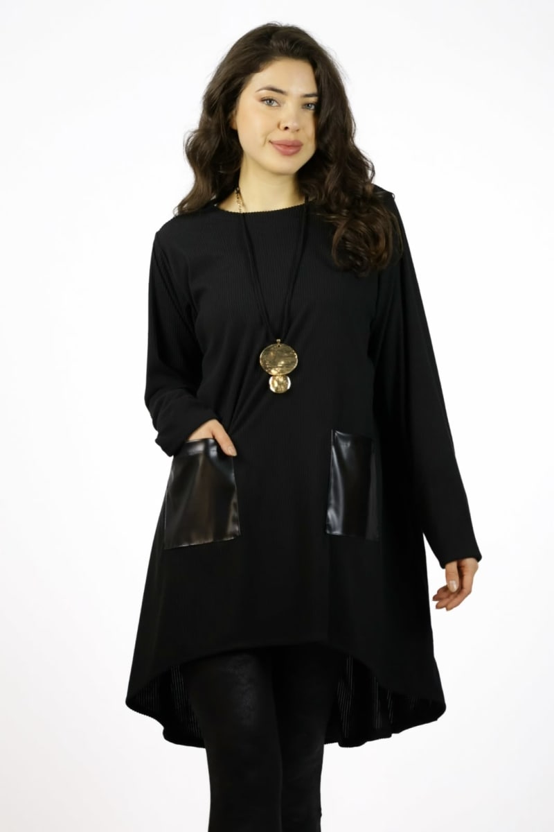 Polera Larga Bolsillos Cuerina A3-705