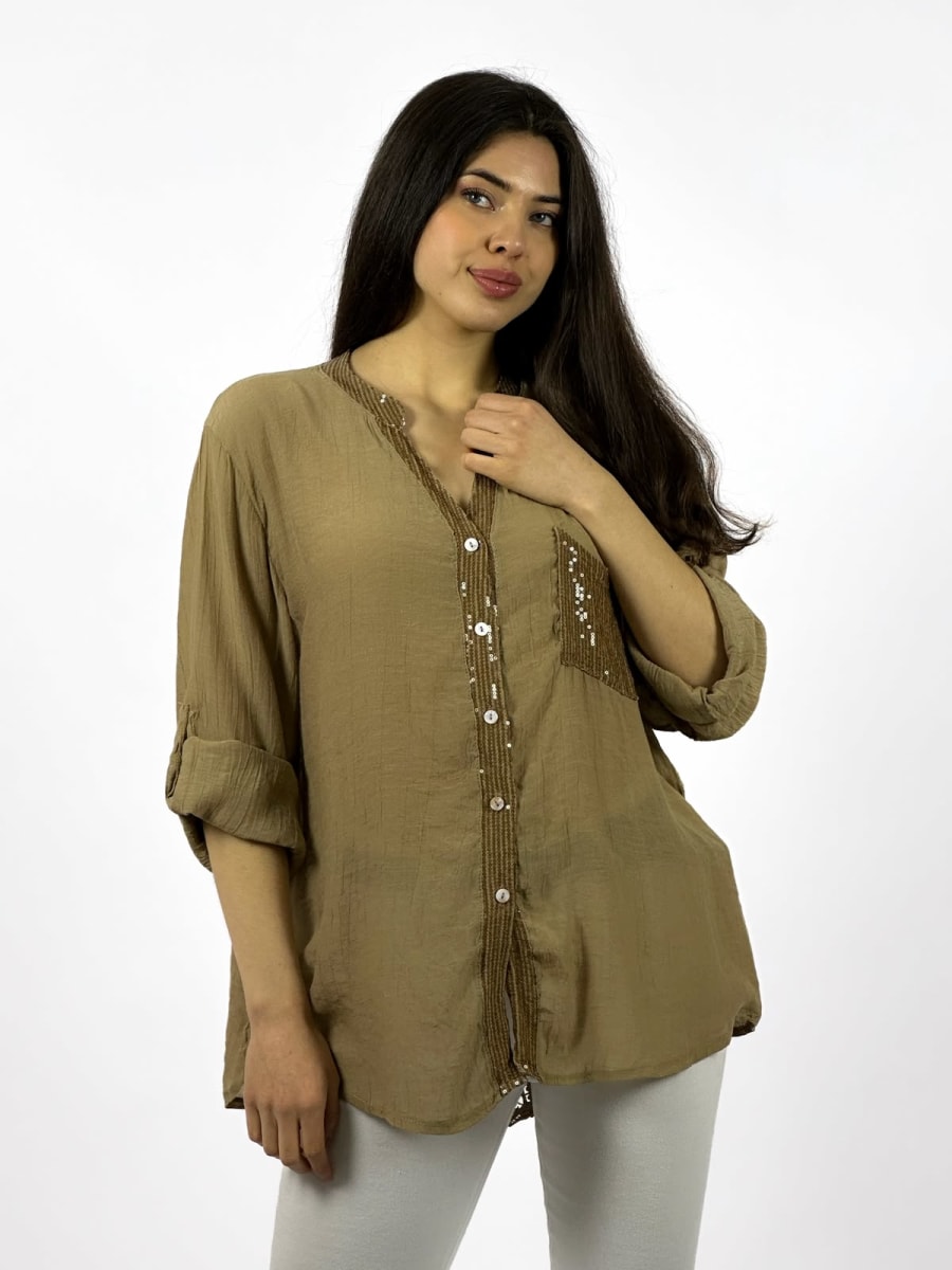 Blusa Casual Bordes y Bolsillo con Brillos Dorso Tejido A1-207