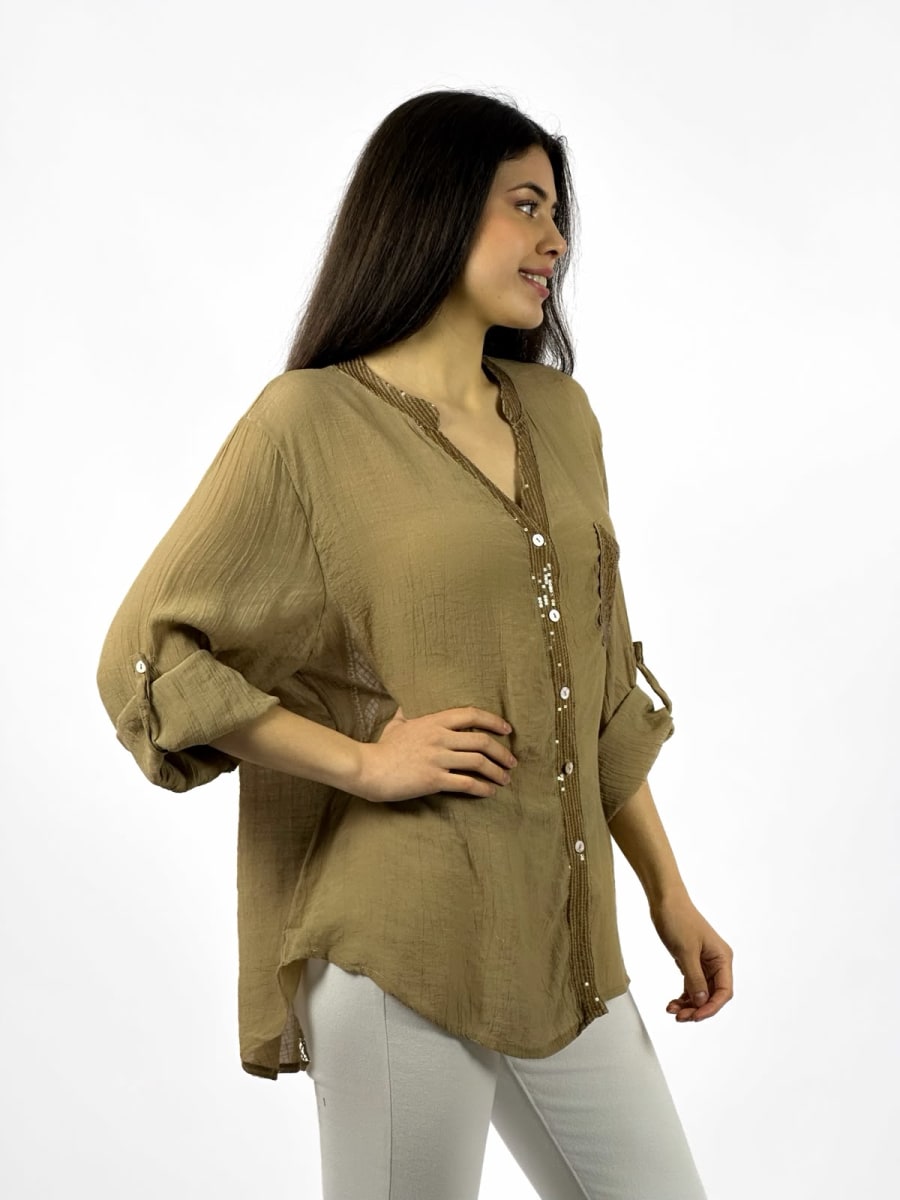 Blusa Casual Bordes y Bolsillo con Brillos Dorso Tejido A1-208