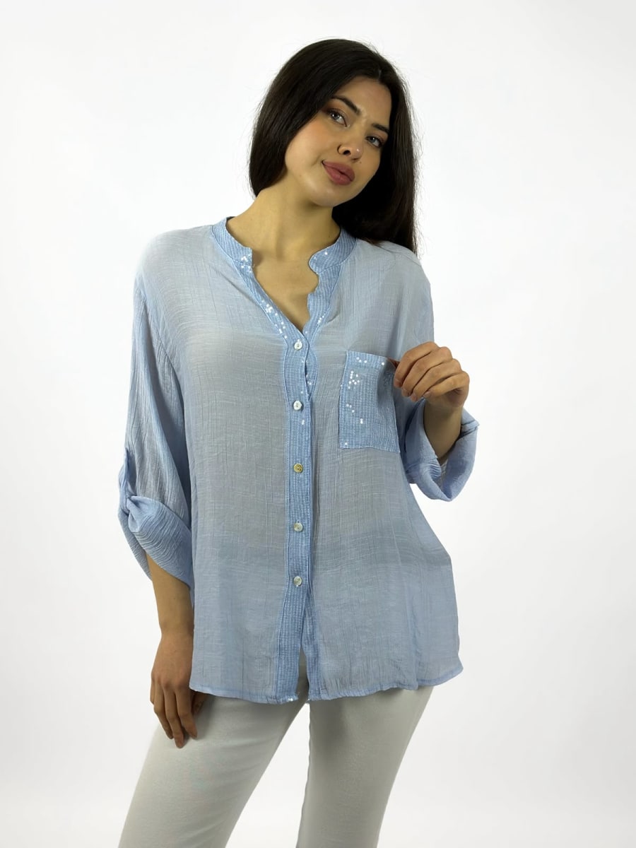 Blusa Casual Bordes y Bolsillo con Brillos Dorso Tejido A1-202