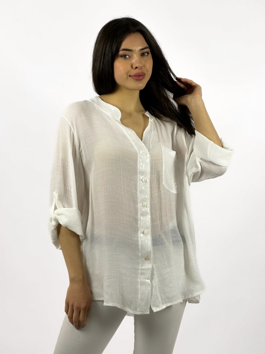 Blusa Casual Bordes y Bolsillo con Brillos Dorso Tejido A1-2010