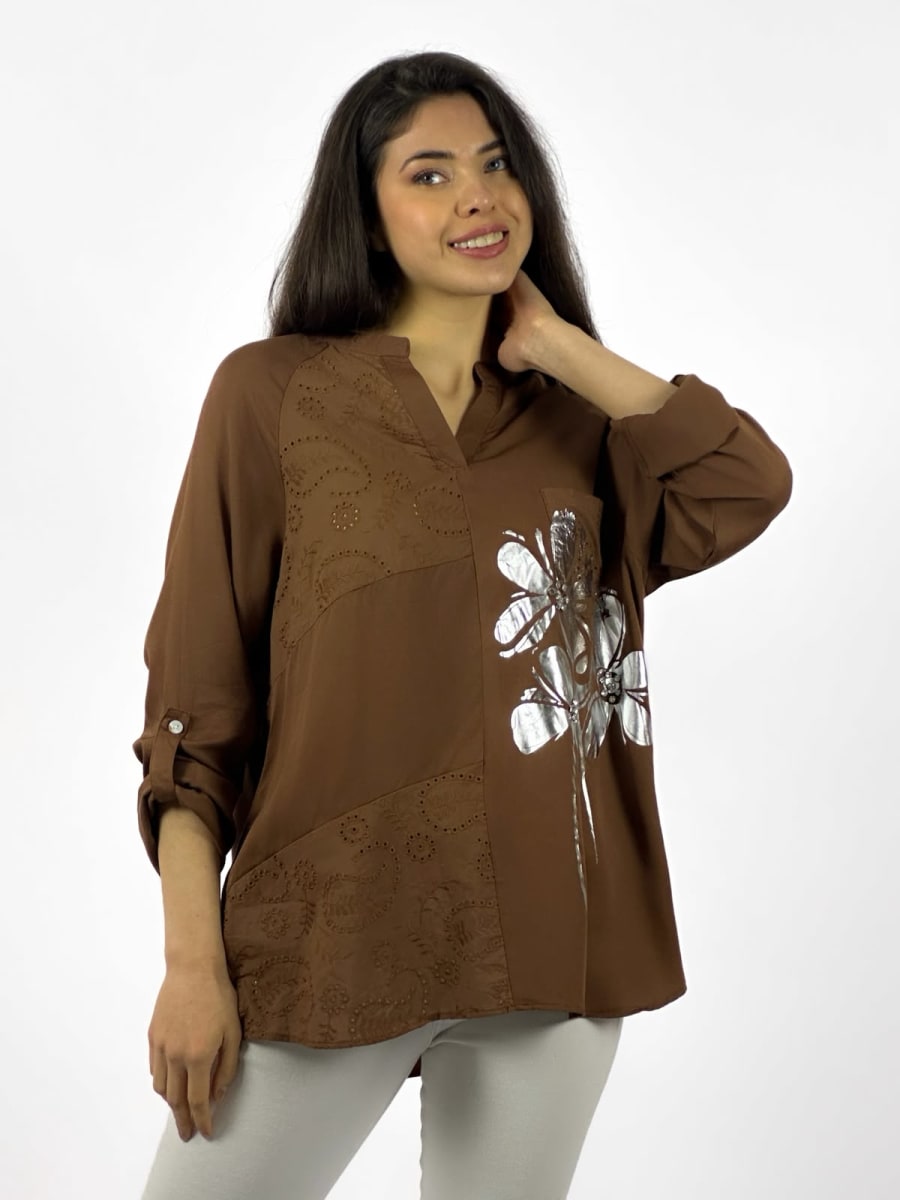 Blusa Diseño Broderi Flor Plateada A1-298