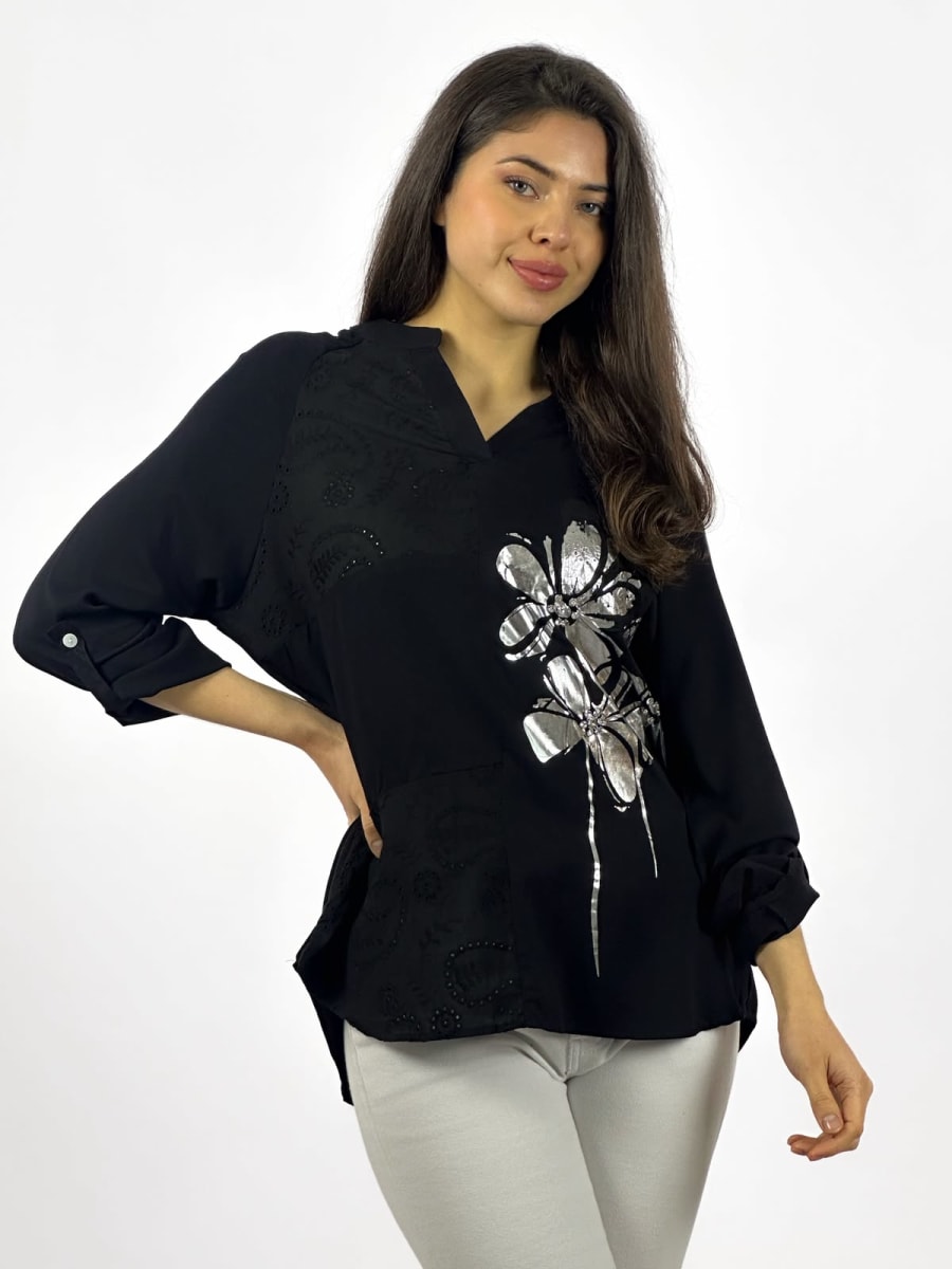 Blusa Diseño Broderi Flor Plateada A1-294