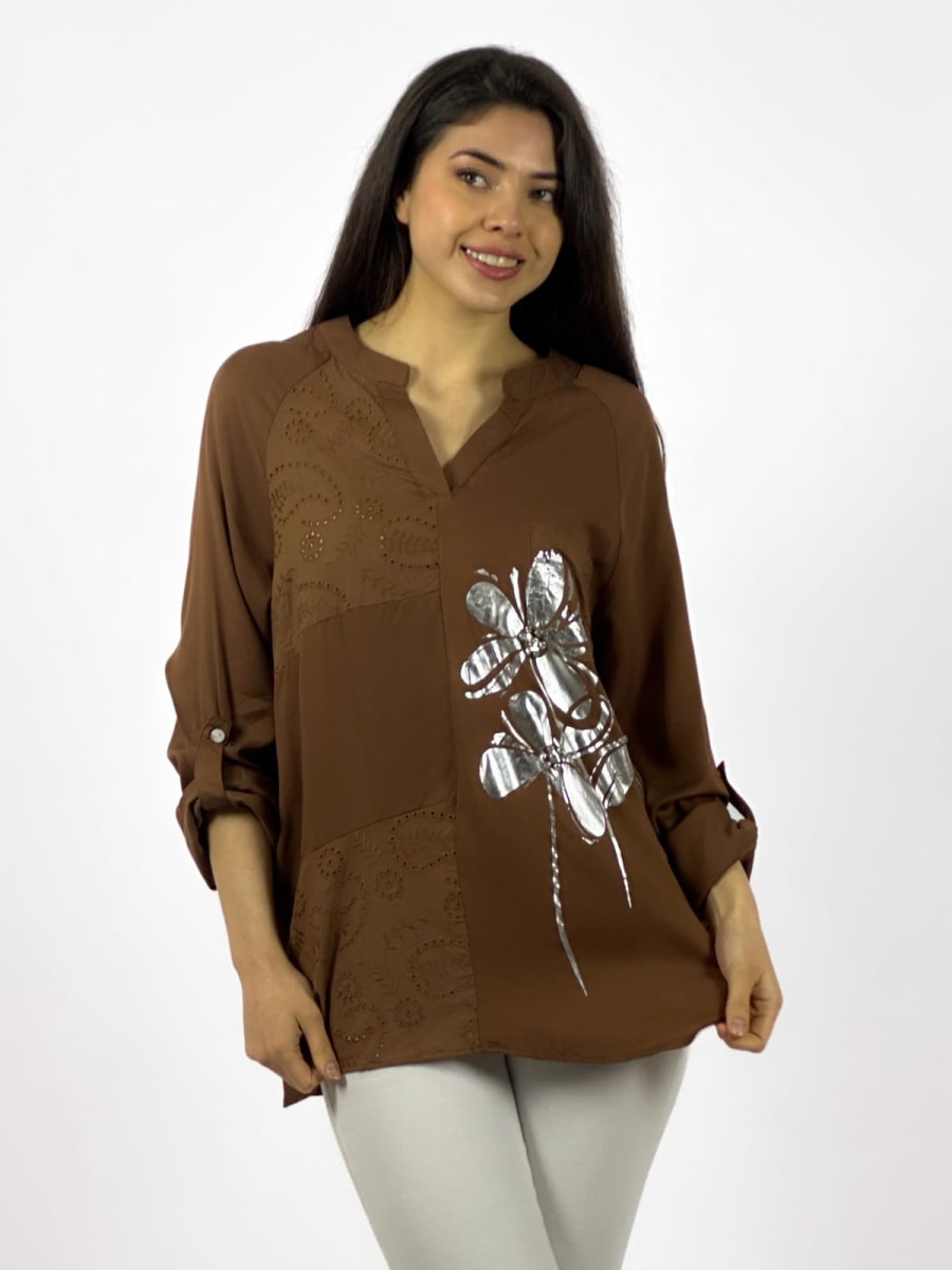Blusa Diseño Broderi Flor Plateada A1-297