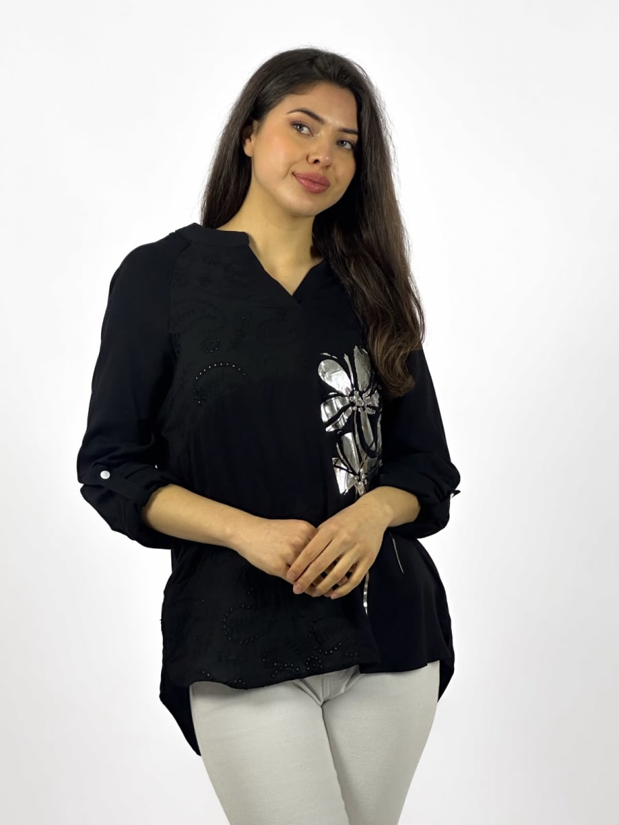 Blusa Diseño Broderi Flor Plateada A1-295