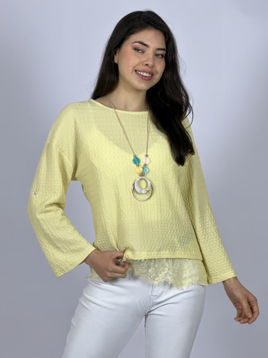 Polera Con Encaje Estampado Relieve Collar Incluido A3-701