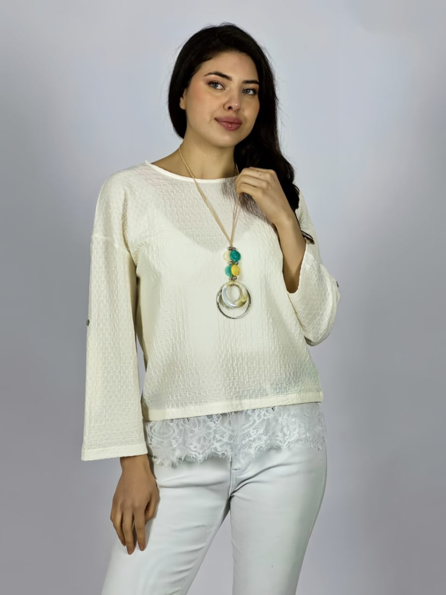 Polera Con Encaje Estampado Relieve Collar Incluido A3-707