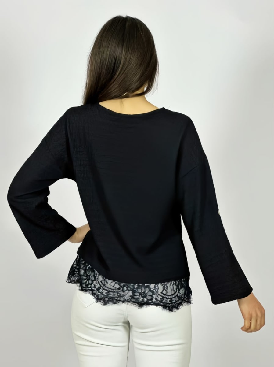 Polera Con Encaje Estampado Relieve Collar Incluido A3-706