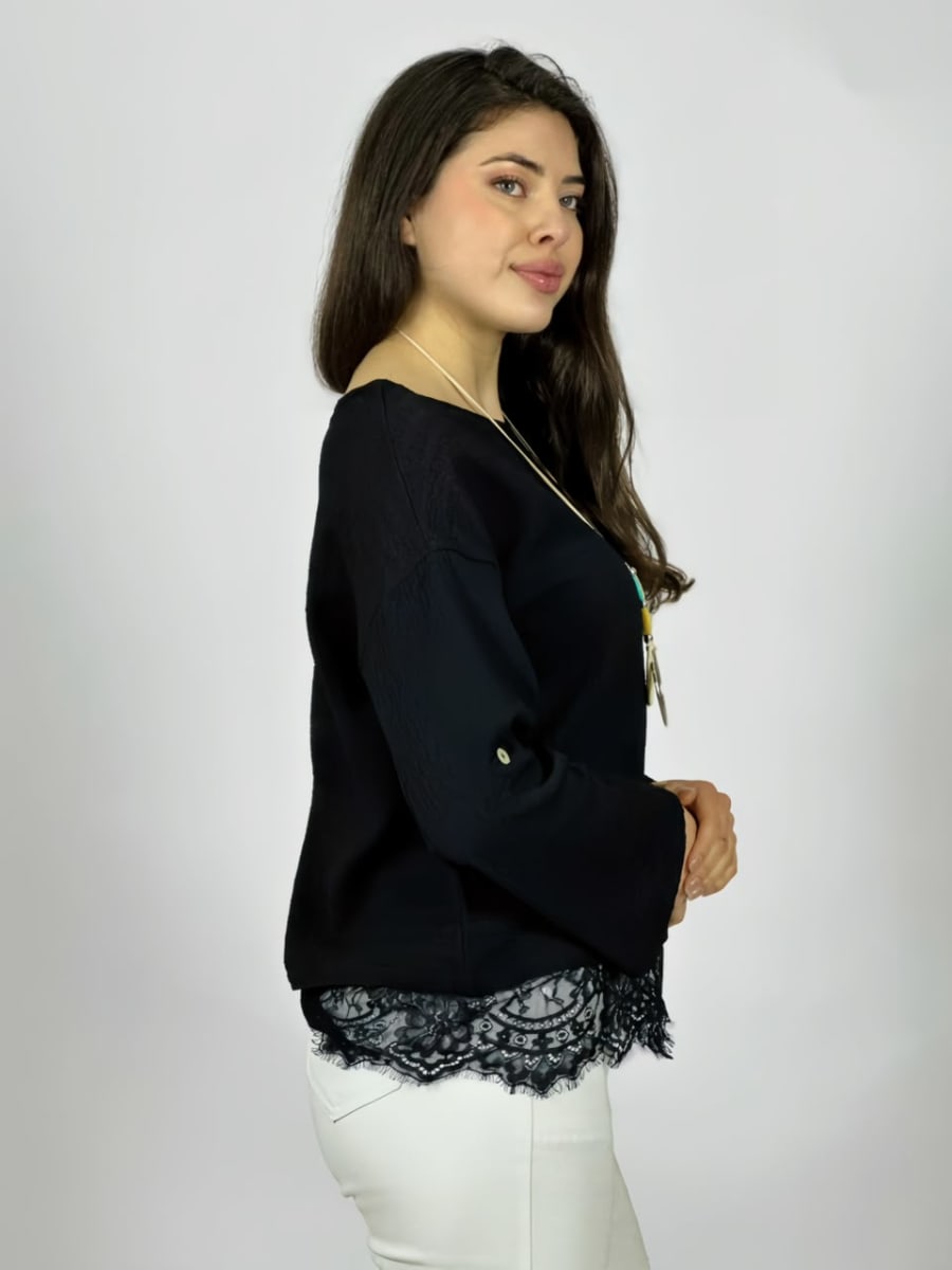 Polera Con Encaje Estampado Relieve Collar Incluido A3-705