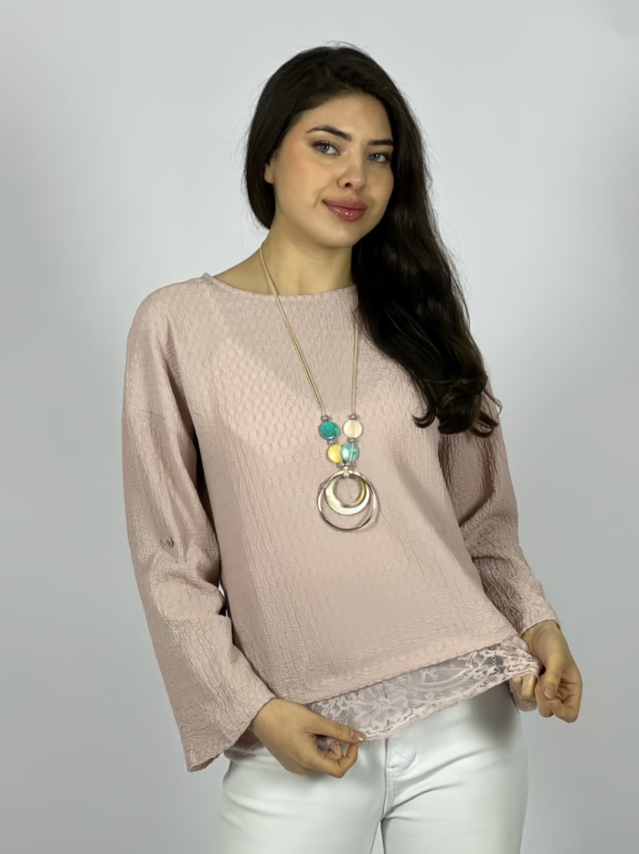Polera Con Encaje Estampado Relieve Collar Incluido A3-7011