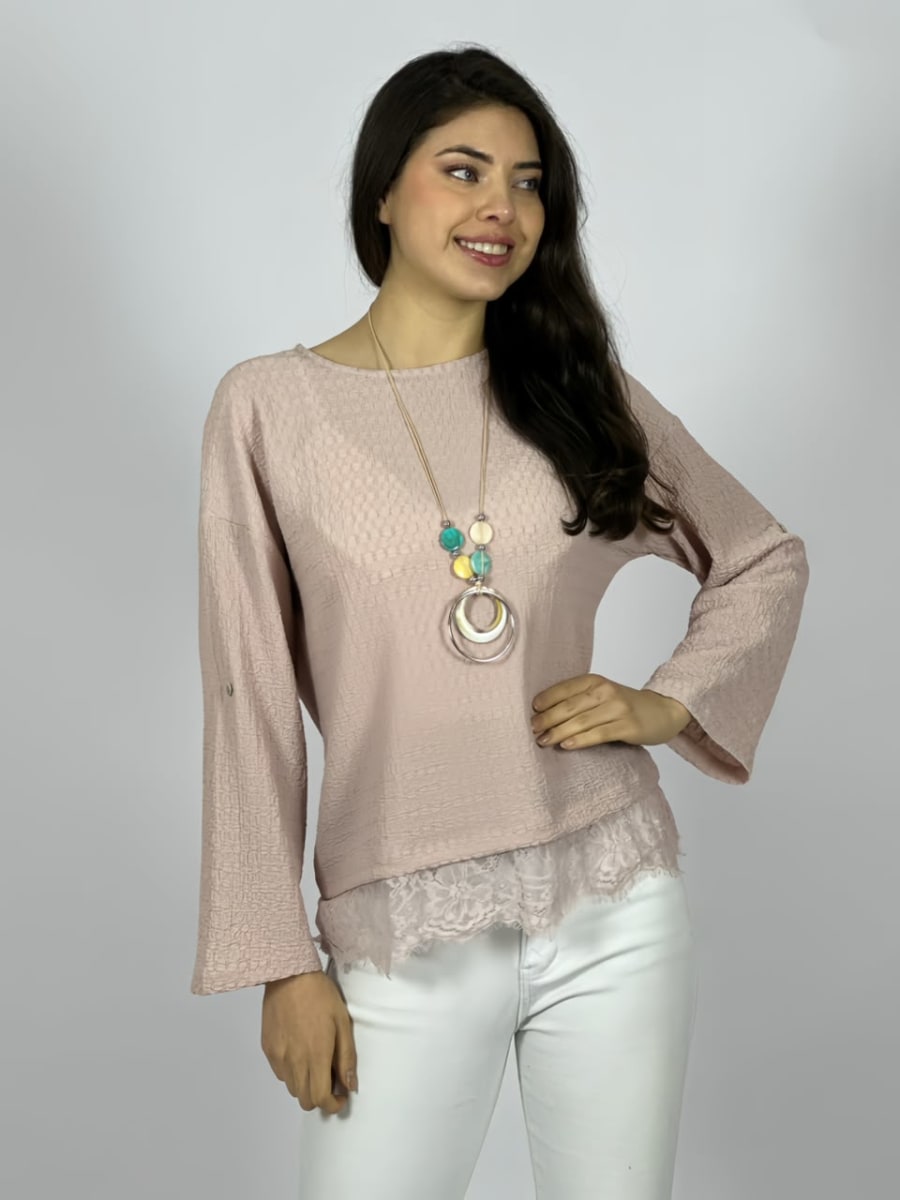 Polera Con Encaje Estampado Relieve Collar Incluido A3-7010