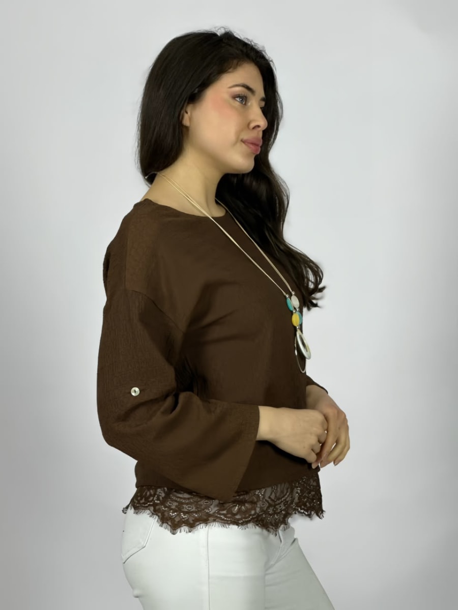 Polera Con Encaje Estampado Relieve Collar Incluido A3-7013