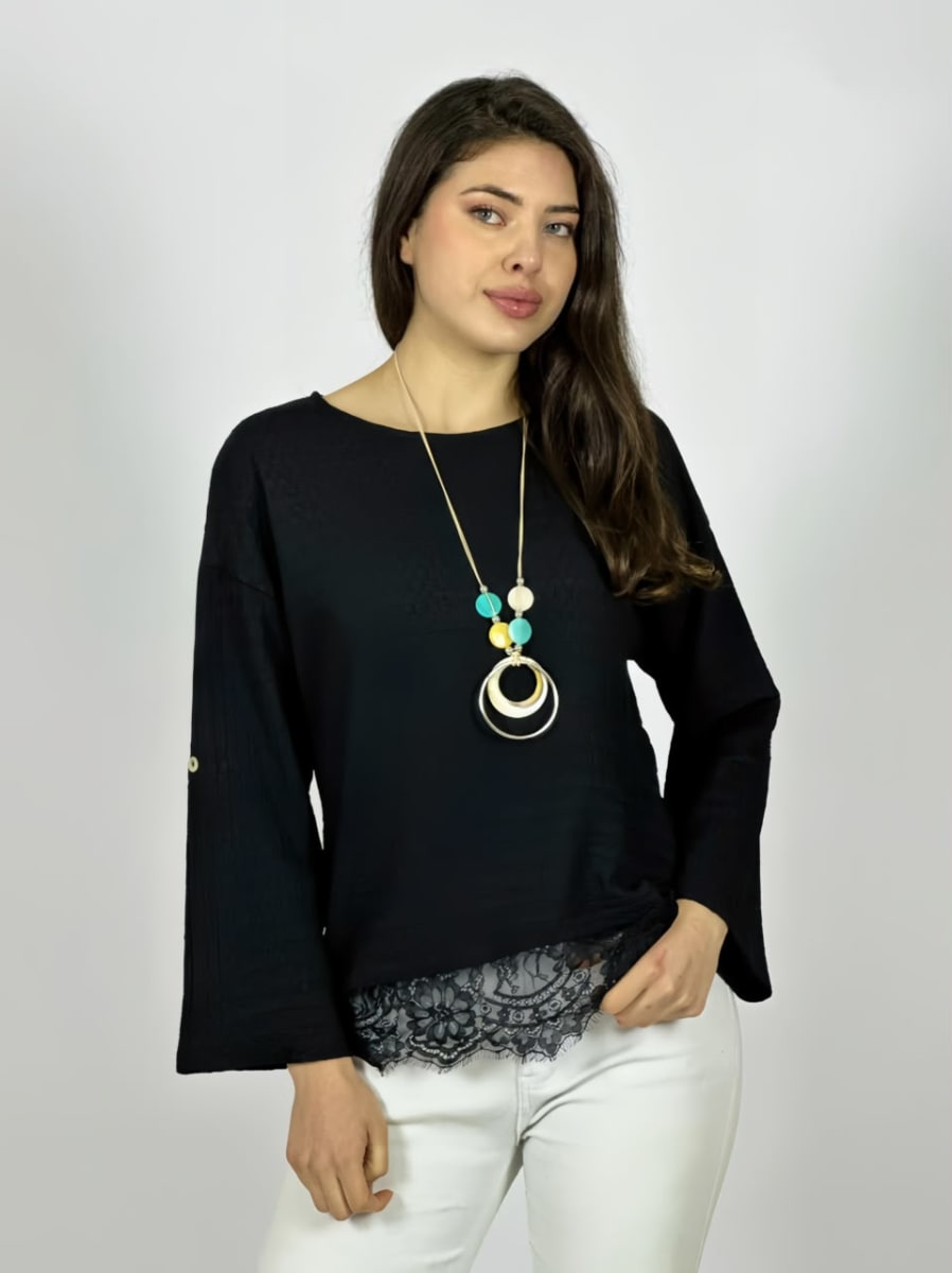 Polera Con Encaje Estampado Relieve Collar Incluido A3-704