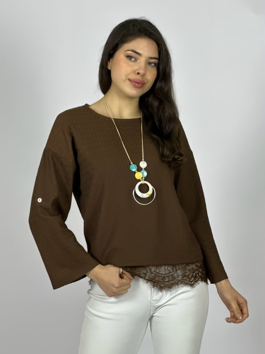 Polera Con Encaje Estampado Relieve Collar Incluido A3-7012