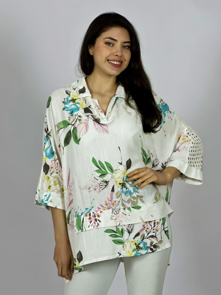 Blusa Lino Mangas Tejidas y Estampado Floreado A4-901