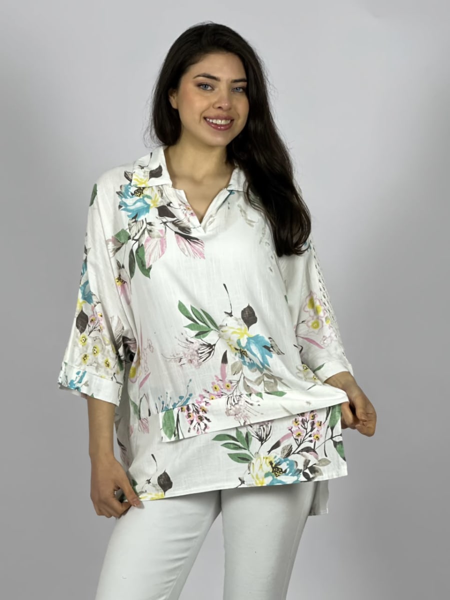 Blusa Lino Mangas Tejidas y Estampado Floreado A4-902