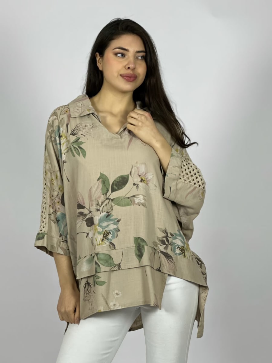 Blusa Lino Mangas Tejidas y Estampado Floreado A4-904