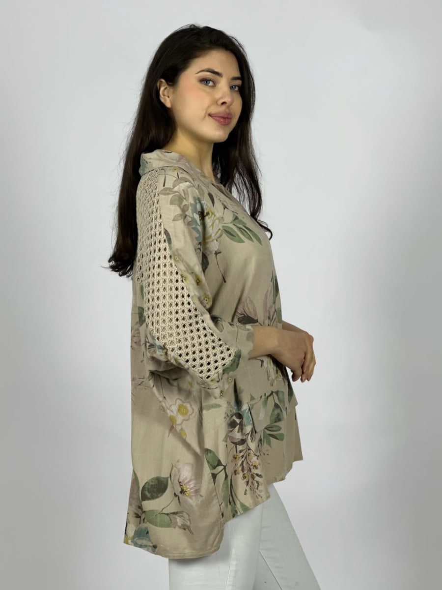Blusa Lino Mangas Tejidas y Estampado Floreado A4-905