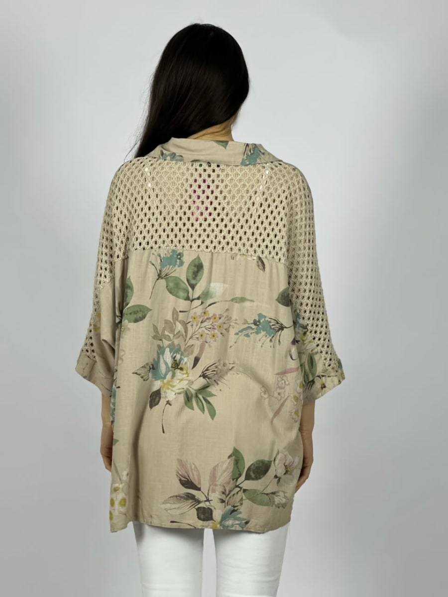 Blusa Lino Mangas Tejidas y Estampado Floreado A4-906