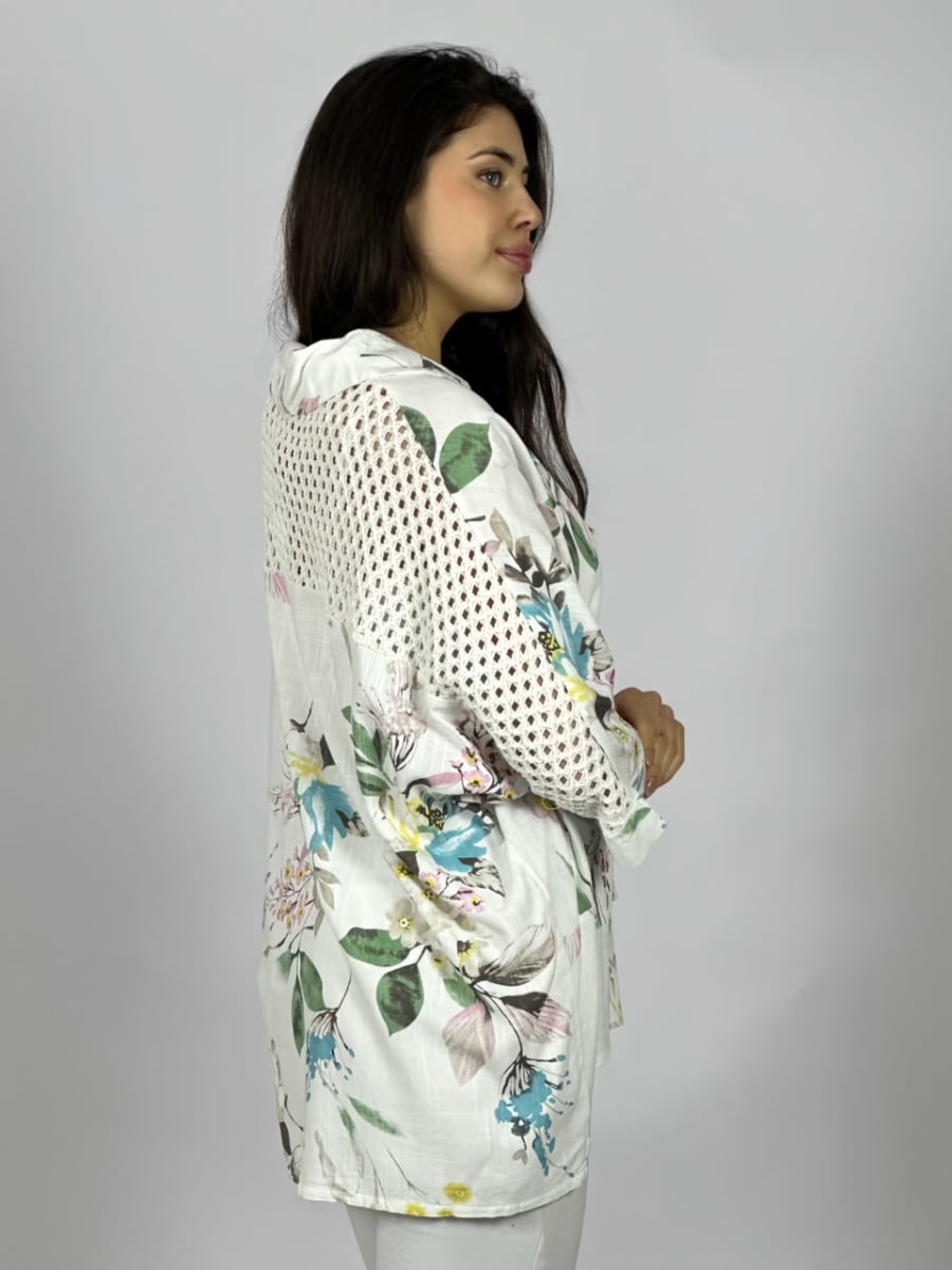 Blusa Lino Mangas Tejidas y Estampado Floreado A4-903