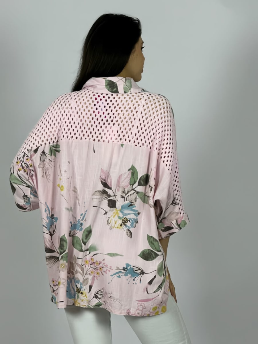 Blusa Lino Mangas Tejidas y Estampado Floreado A4-9010
