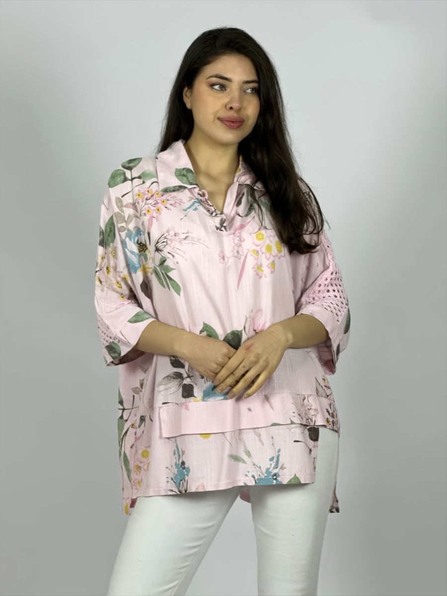 Blusa Lino Mangas Tejidas y Estampado Floreado A4-908