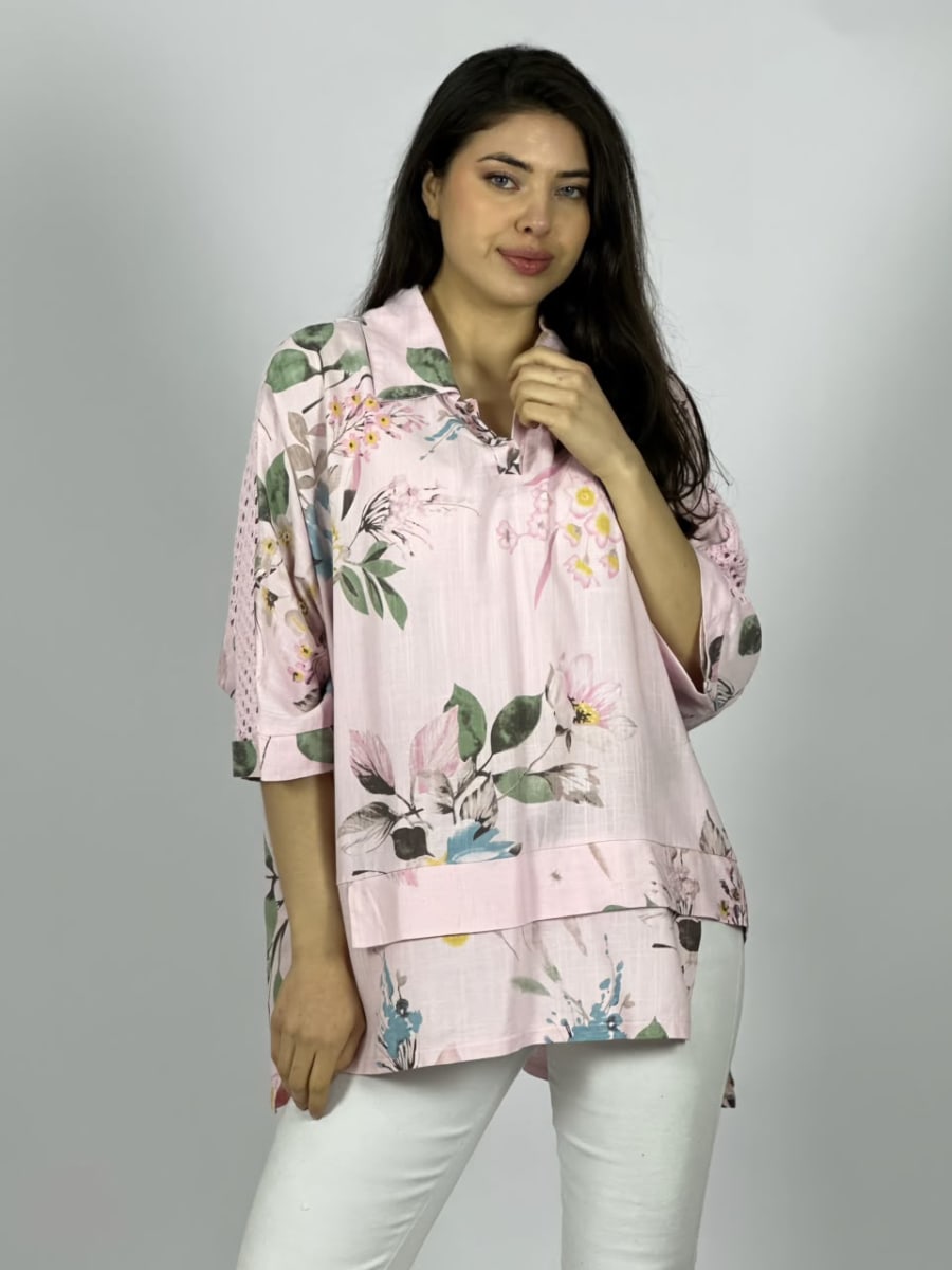 Blusa Lino Mangas Tejidas y Estampado Floreado A4-907