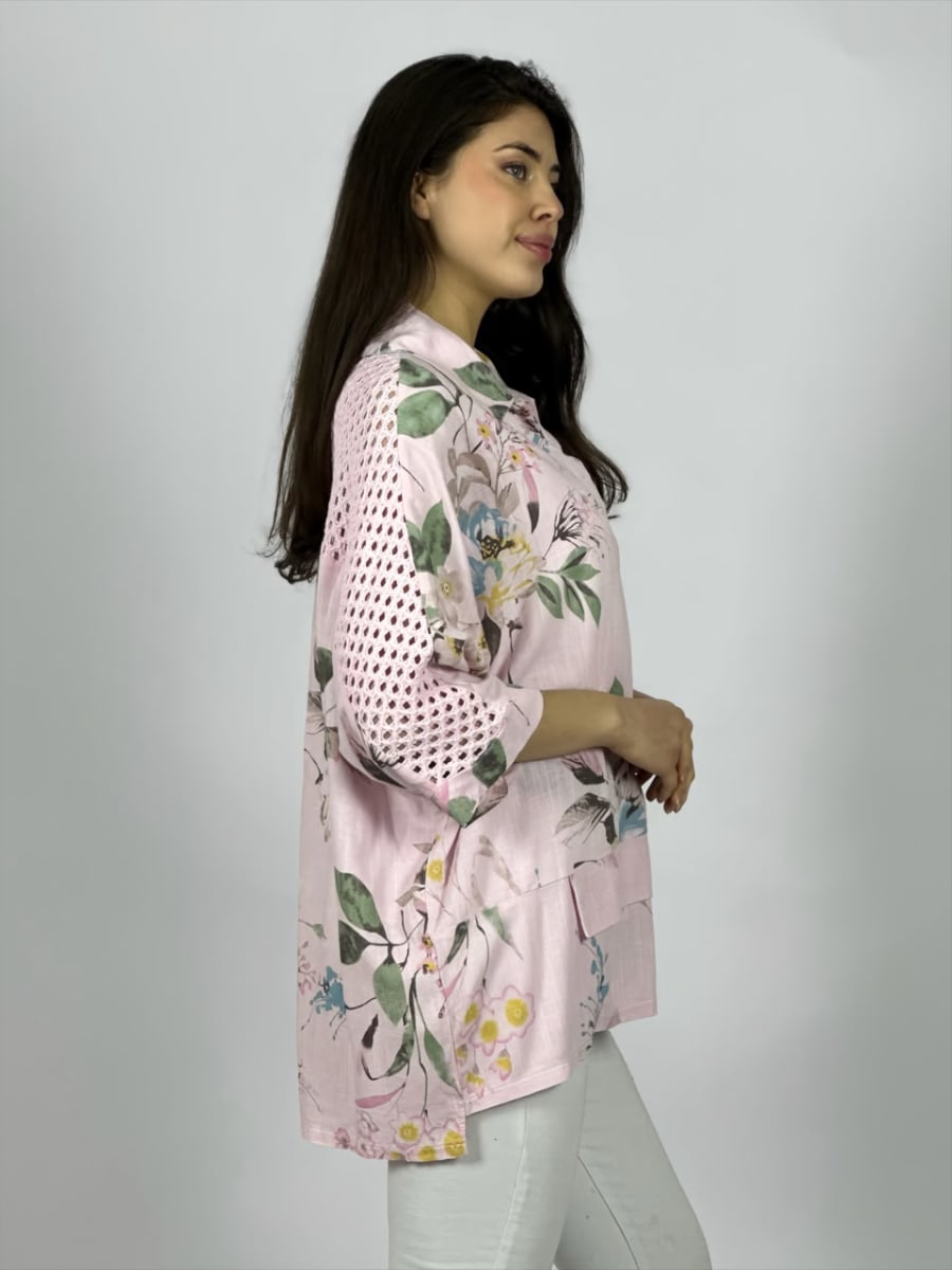 Blusa Lino Mangas Tejidas y Estampado Floreado A4-909