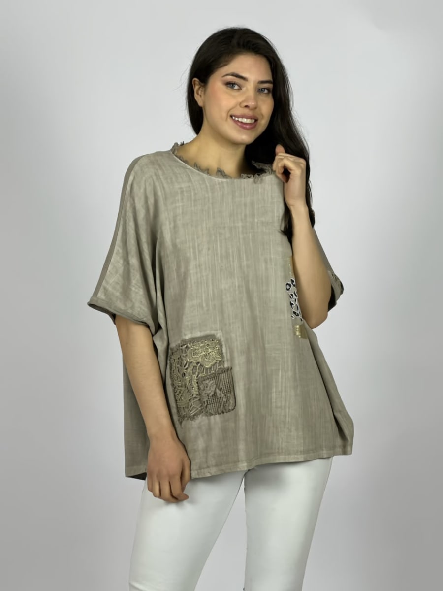 Polera Lino Con Rosas Bordadas en Hombro A4-891