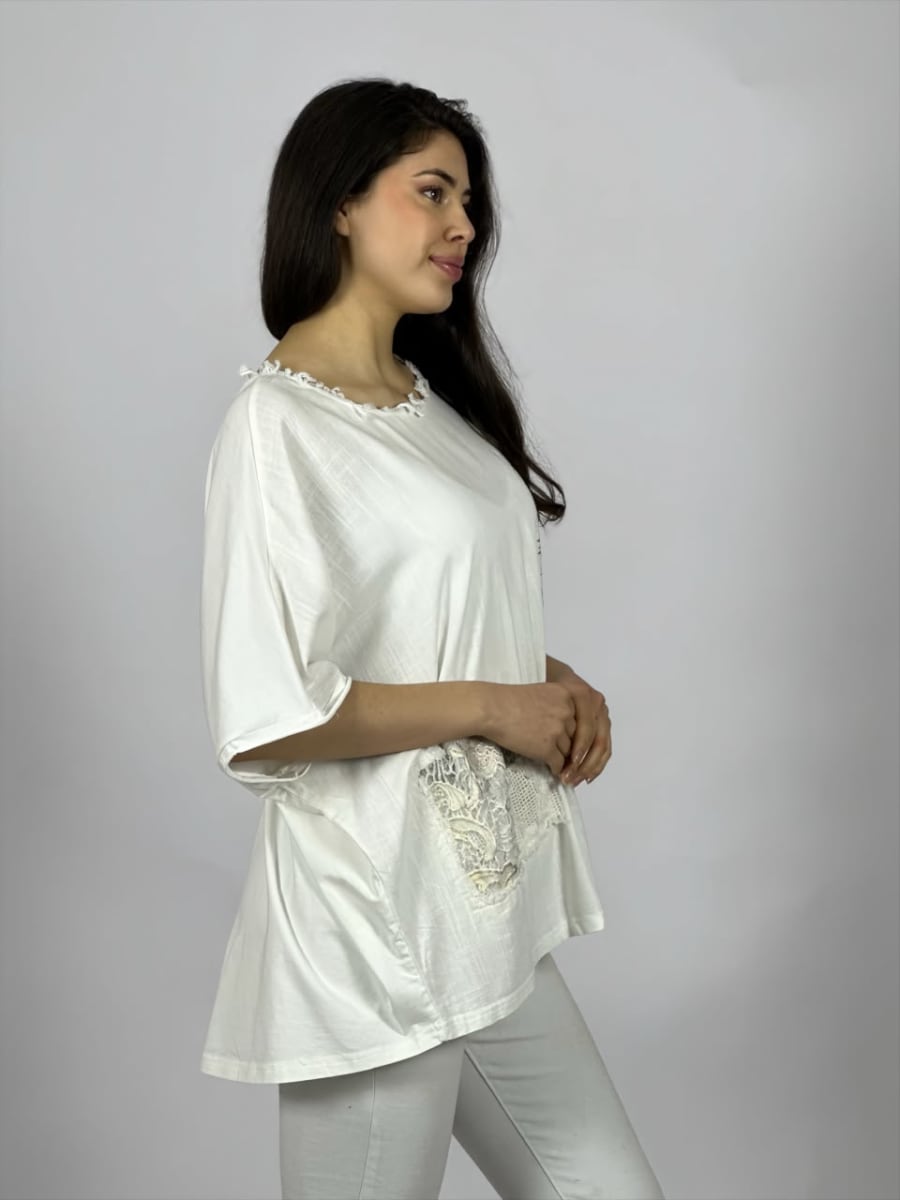 Polera Lino Con Rosas Bordadas en Hombro A4-898