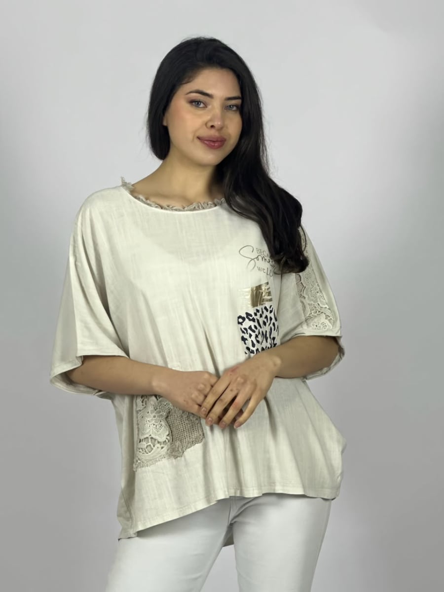 Polera Lino Con Rosas Bordadas en Hombro A4-8910