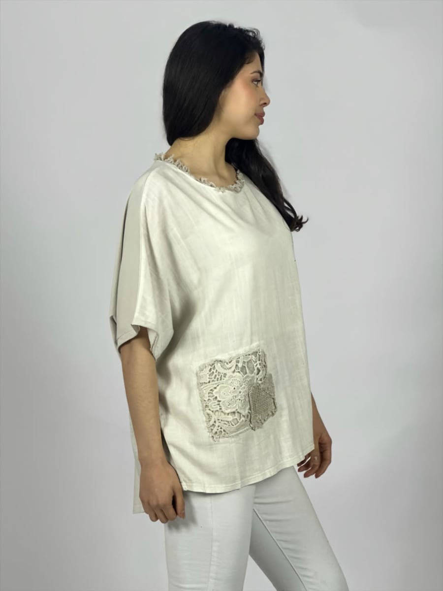 Polera Lino Con Rosas Bordadas en Hombro A4-8912