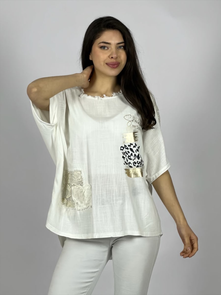 Polera Lino Con Rosas Bordadas en Hombro A4-897